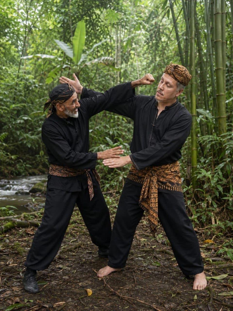 Traditional Silat Cimande Asli paired training showing close-range control and disciplined practice